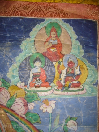 Tibetan oil painting on canvas,beautiful colours and nice work,Beautiful pce of art,fine condition.Size of canvas 2'6"*1'9",all over size 4'3"*2'9".E.mail for more info.           