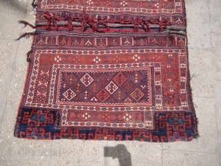 Colorfull Luri Bakhtiyari saddlebag bag,original backing,all natural colors,fine weave,good condition,Size 4'4"*3'2".Beautiful backing with white pannels having beautiful birds or Peacock in it on,along with stripe kilim.E.mail for more info and pics.  