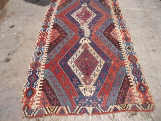 Large Colorful early Anatolian Kilim with some condition issues,great natural colors as found without any work done.Size 13'4"*5'6".E.mail for more info and pics.          