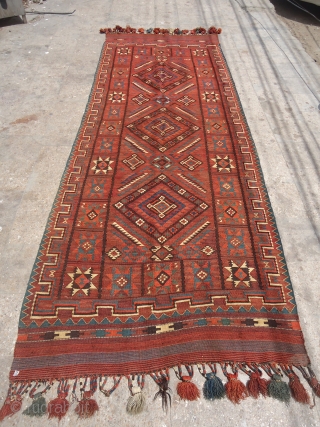 Uzbek Mashkri Kilim with nice star motif pattern,and a donkey on it. around 1900, all wool with natural colours,Size 12'6"*4'8".E.mail for more info.          