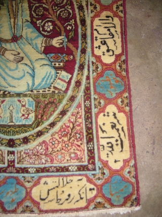 Lavar-Kerman Pictureal Hanging Rug of good age,very fine weave and good colours.With a nice picture of a man holing a pen and some inscriptions all over the border.Size 24*25 inches.E.mail for more  ...