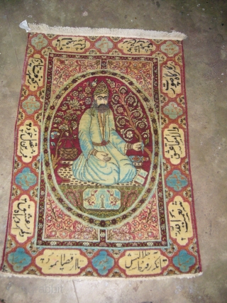 Lavar-Kerman Pictureal Hanging Rug of good age,very fine weave and good colours.With a nice picture of a man holing a pen and some inscriptions all over the border.Size 24*25 inches.E.mail for more  ...