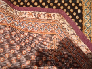 Qashqai Saddle Rug, Very fine weave,unusual black ground,very nice colors and beautifully drawn,very unusual size.Without any work done.Size 2'8"*2'7".E.mail for more info and pics.         