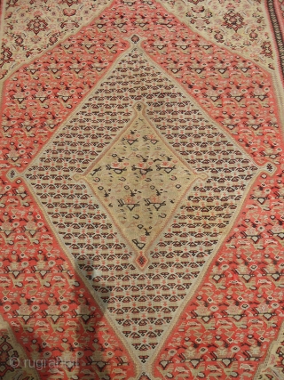 Finely woven Senneh Kilim with beautiful desigen,shrub desigen in the middle diamond,nice birds,nicely drwan,good colors and condition,some old restoration.Size 6'7"*4'3".E.mail for more info and pics.        