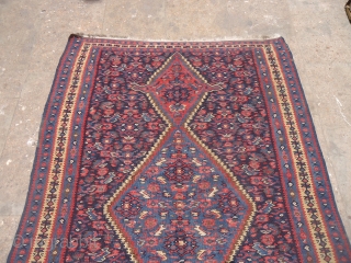Beautiful Senneh Kilim with good colors and very nice design,good condition with old restorations done.Size 5*3'6".E,mail for more info and pics.            