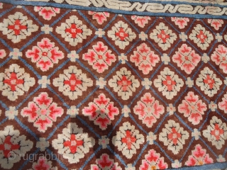 Beautiful Chinese seating rug with early age and as found condition,nice colors and design,without any work done.Size 5'6"*2'10".E.mail for more info and pics,          
