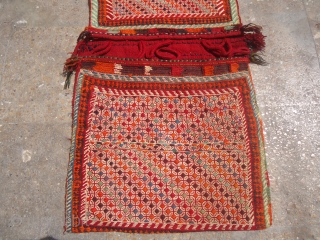 Qashqai Flatwoven Khorjin Saddle bag with great design and colors,original kilim backing,excellent condition.Good age,very nice pce with fine weave.Size 3'4"*1'9".E.mail for more info and pics.        