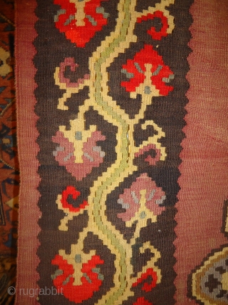 Azerbaijan Kilim,with beautiful desigen and some synthetic colours,good condition.Size 7'6"*5'6".E.mail for more info.                    