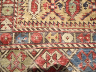 Yellow Ground Large Marsali Shirvan Rug,Rare yellow ground and big size,extra fine weave,beautiful colors,very nice desigen.Some old restorations done.Size 8'10"*5'6".E.mail for more info and pics.        