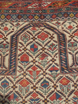 What can be more fine than this ?.Ivory ground shirvan prayer rug exceptional fine weave,beautiful good colors and nice design,Good condition,old repair done.E.mail for more info.       