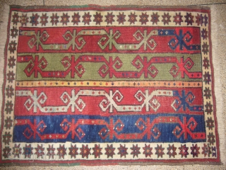 Small jewel 19th Century Anatolian Kirsehir Yastik rug,good condition,nice desigen and natrul colours,soft shiney wool,some old repair,Hand washed ready for use.E.mail for more info.         