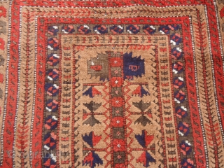 Camel ground Baluch Prayer Rug with great weave and dyes,both sides ends with kilim,very elegant design,excellent condition,all natural colors,very soft wool.Without any repair or work done.Size 4'11"*2'7".E.mail for more info and pics. 