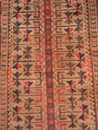 Camel ground Baluch Prayer Rug with great weave and dyes,both sides ends with kilim,very elegant design,excellent condition,all natural colors,very soft wool.Without any repair or work done.Size 4'11"*2'7".E.mail for more info and pics. 