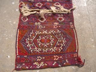 Eastern Anatolian heybe (double bag)from the Malatya region with beautiful colours,white is all cotton and very fine weave,all good colours,good age,very good condition,Size 4'8"*2'5".E.mail for more info.      