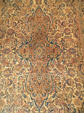 Kashan Rug with good age,beautiful colors and desigen,fine weave,as found without any repair or work done,tear on one side see the last pictures,otherwise reasonable condition.E.mail for more info and pics.   