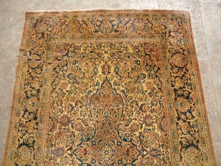 Kashan Rug with good age,beautiful colors and desigen,fine weave,as found without any repair or work done,tear on one side see the last pictures,otherwise reasonable condition.E.mail for more info and pics.   