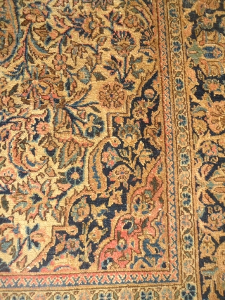 Kashan Rug with good age,beautiful colors and desigen,fine weave,as found without any repair or work done,tear on one side see the last pictures,otherwise reasonable condition.E.mail for more info and pics.   