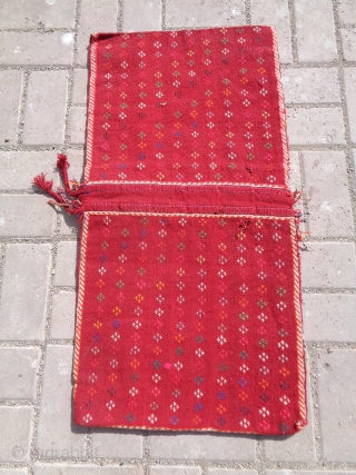 Flatwoven Qashqai Khorjin,with all good colors ,original kilim backing,good condition and design.Size 2'9"*1'5".E.mail for more info and pics.               