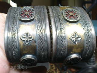 Kazak ? or Turkmen ?Silver Bracelet Pair,19th century,all good condition,stones are in good condition,very fine work of art,beautiful pcs.E.mail for more info.           