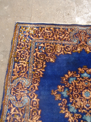 Kirman Pushti with blue ground and very nice design,all good colors and excellent condition without any repair or work done.Size 3*2'11".E.mail for more info and pics.       