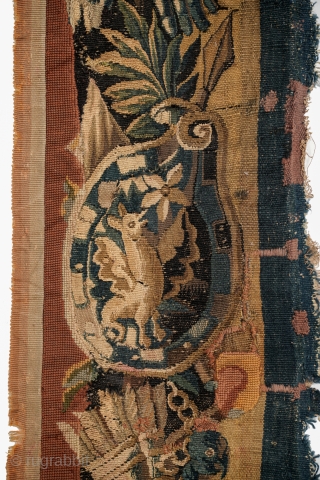 ANTIQUE BRUSSELS TAPESTRY FRAGMENT 7'4" X 1'1"                          