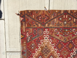 Turkish Kilim with date and signature. As most of you know these are made with two panels attached together and the design from two halfs never lineup. This one does perfectly. That's  ...