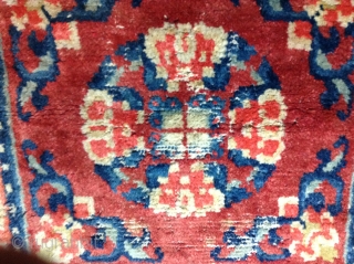 For sale is  a Tibetan, 2'2"x 2'2" early 20thCentury rug. Rug has good pile but with moth areas, some weft and warp breaks. Ends and sides are present. Cotton warp and  ...