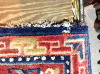 For sale is  a Tibetan, 2'2"x 2'2" early 20thCentury rug. Rug has good pile but with moth areas, some weft and warp breaks. Ends and sides are present. Cotton warp and  ...