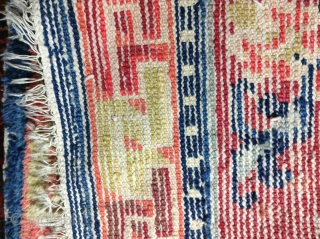 For sale is  a Tibetan, 2'2"x 2'2" early 20thCentury rug. Rug has good pile but with moth areas, some weft and warp breaks. Ends and sides are present. Cotton warp and  ...