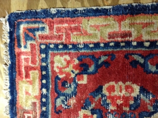 For sale is  a Tibetan, 2'2"x 2'2" early 20thCentury rug. Rug has good pile but with moth areas, some weft and warp breaks. Ends and sides are present. Cotton warp and  ...