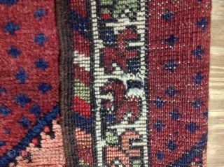 For sale Turkish yastik, 1'7" x 2'10", early 20th Century, wool warp and weft, good pile. Small hole, 1"x1" in border, both end fraying,         