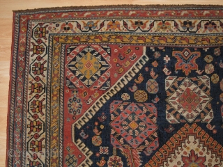 Antique Qashqai rug with triple medallion design, the medallions contain a large scale heratti design, this also has elements repeated in the field. 

Circa 1900.

There are also many small birds, animals and  ...