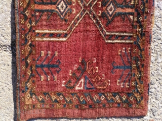 (BM)43 x 134 cm Ersari Torba, late 19th c. Great condition w/ slightly worn spots. Features 2 1/2 Dyrnak gül, lovely aubergine ground and the combination of elements is somewhat unusual.  