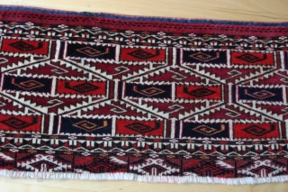 (8) Tekke Torba, 30 x 75 cm, late 19th c., ultra-fine but no bumps on the back, fringe conserved and one small repair to the upper-end kilim. This showroom-ready piece is perfect  ...