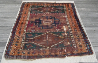 {46) 130 x 194 cm. This early 20th c. (perhaps late 19th c.) Kurdish rug from Antep is expertly mounted on linen to preserve its structure. Astoundingly soft wool. Workmanship is superb,  ...