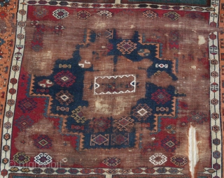 {46) 130 x 194 cm. This early 20th c. (perhaps late 19th c.) Kurdish rug from Antep is expertly mounted on linen to preserve its structure. Astoundingly soft wool. Workmanship is superb,  ...