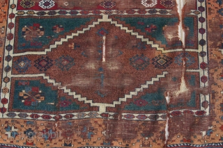 {46) 130 x 194 cm. This early 20th c. (perhaps late 19th c.) Kurdish rug from Antep is expertly mounted on linen to preserve its structure. Astoundingly soft wool. Workmanship is superb,  ...