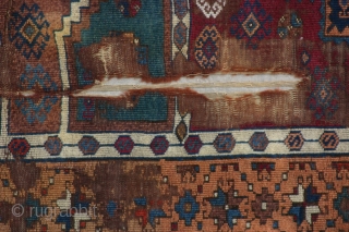 {46) 130 x 194 cm. This early 20th c. (perhaps late 19th c.) Kurdish rug from Antep is expertly mounted on linen to preserve its structure. Astoundingly soft wool. Workmanship is superb,  ...