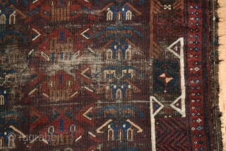 Rare, possibly unique Beludj, 212 x 106 cm., large tent rug with fine weave and strong color palette, featuring what appears to be a repeating architectural motif in the field and a  ...