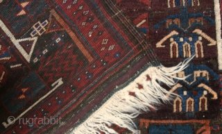 Rare, possibly unique Beludj, 212 x 106 cm., large tent rug with fine weave and strong color palette, featuring what appears to be a repeating architectural motif in the field and a  ...