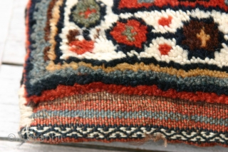 {19} Veramin pillow (bag front & back), 42 X 41, late 19th c., vibrant natural dyes, full pile front, striped kilim back, beautiful work.
Bought from M. Craycraft in 2012.
-Kolya
    