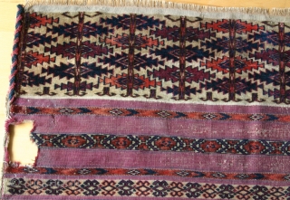 (45) Tekke Ak çuval fragment - 62 x 86 cm. - featuring the ashyk (bone oracle) motif in the pile-faced skirt. Purple dye in the flat woven bands is quite attractive. One  ...