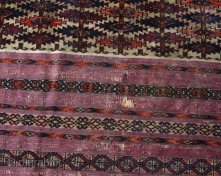 (45) Tekke Ak çuval fragment - 62 x 86 cm. - featuring the ashyk (bone oracle) motif in the pile-faced skirt. Purple dye in the flat woven bands is quite attractive. One  ...