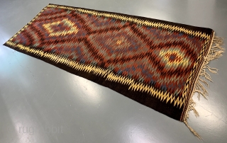 Modern art well before the term was invented. Brilliant and skillful weaving by someone who didn't play by all the rug rules of the day, and preferred to color way outside the  ...