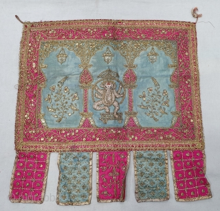 Ceremonial Temple Hanging Toran (Wall Decoration) From Northern India. India. Real Zari  Zardozi Embroidery on Silk With real Zari Gota work Fringed. Showing the Lord Ganesh with Kalap Virishak (Tree).C.1900. Its  ...