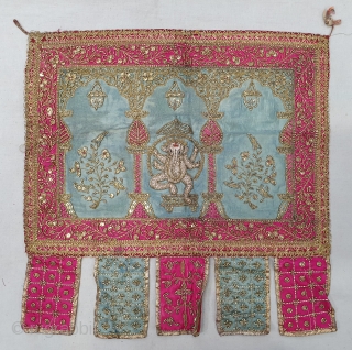 Ceremonial Temple Hanging Toran (Wall Decoration) From Northern India. India. Real Zari  Zardozi Embroidery on Silk With real Zari Gota work Fringed. Showing the Lord Ganesh with Kalap Virishak (Tree).C.1900. Its  ...