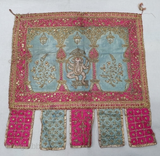 Ceremonial Temple Hanging Toran (Wall Decoration) From Northern India. India. Real Zari  Zardozi Embroidery on Silk With real Zari Gota work Fringed. Showing the Lord Ganesh with Kalap Virishak (Tree).C.1900. Its  ...