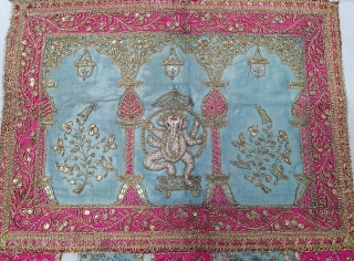 Ceremonial Temple Hanging Toran (Wall Decoration) From Northern India. India. Real Zari  Zardozi Embroidery on Silk With real Zari Gota work Fringed. Showing the Lord Ganesh with Kalap Virishak (Tree).C.1900. Its  ...