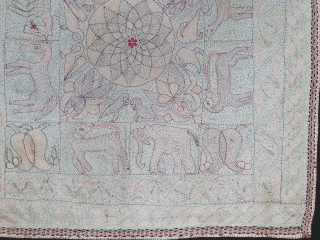 Rare Folk Kantha Quilted and embroidered cotton Kantha Probably from West Bengal region of India, India.C.1900. Its size is 86cmX87cm (20210102_152225).            