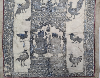 Very Rare Temple Hanging Illustrates the Jain Concepts of a Heavenly Mansion where eternal rejoicing awaits the Devotee.
Real Zari Silver Gilt Threads Embroidery on the Silk. From the Gujarat, India. India.

 C.1850-1875  ...